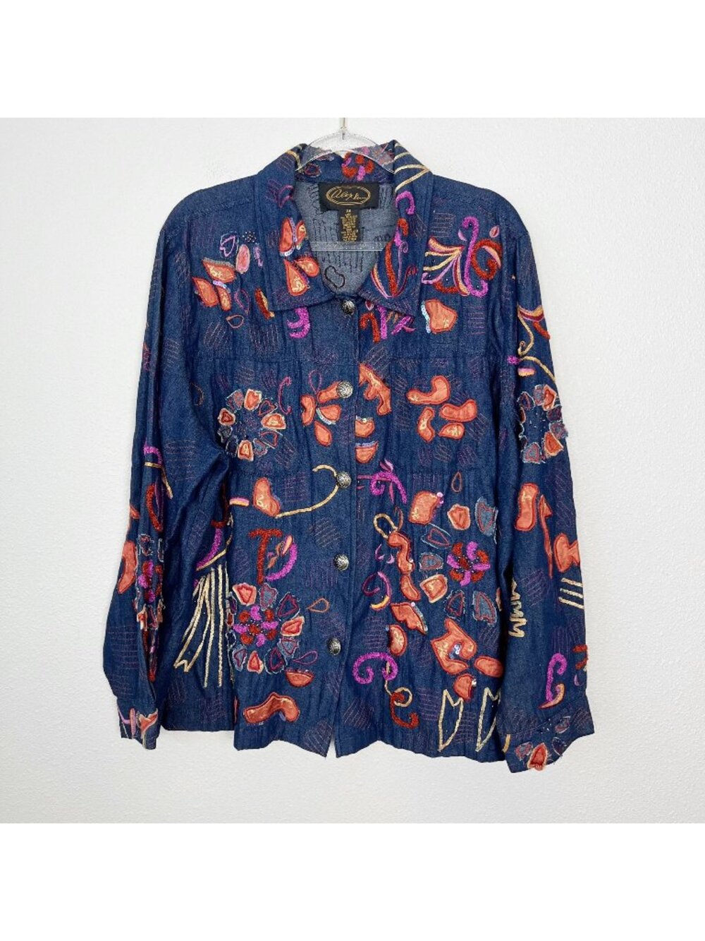Vintage Alex Ku Plus 2X Dark Wash Denim Jacket Embroidered Floral Art to Wear